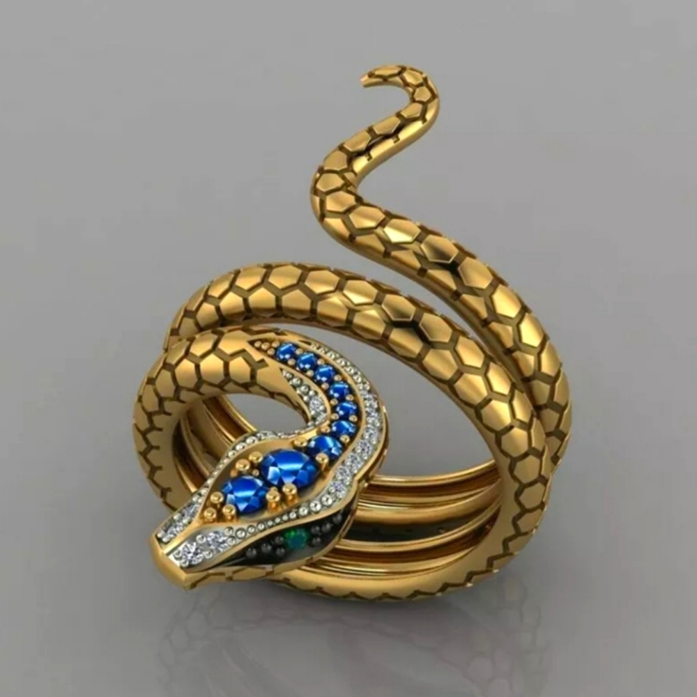 Snake Shaped 18k Yellow Gold Plated Ring Blue Sapphire